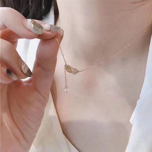 DIY珍珠配件 S925纯银 羽毛款吊坠套链空托带链子 配7-10mm圆椭珠