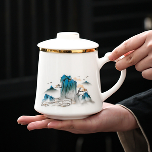 水墨风陶瓷水杯马克杯茶杯个人杯将军杯大容量大号分离带过滤带盖