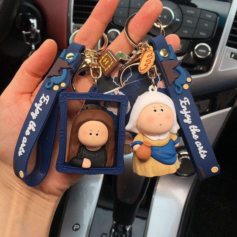 胖月半艺术家蒙娜丽莎倒牛奶的女人可爱汽车钥匙扣链背包挂饰挂件