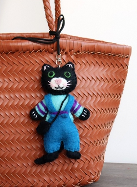 进口猫咪羊毛毡挂件蓝色包挂男女情侣挂饰黑猫车挂尼泊尔手工制作