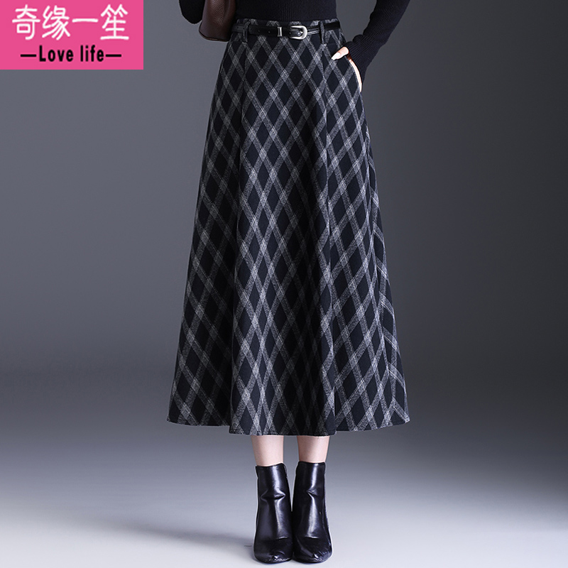 格子毛呢a字半身裙女秋冬2025