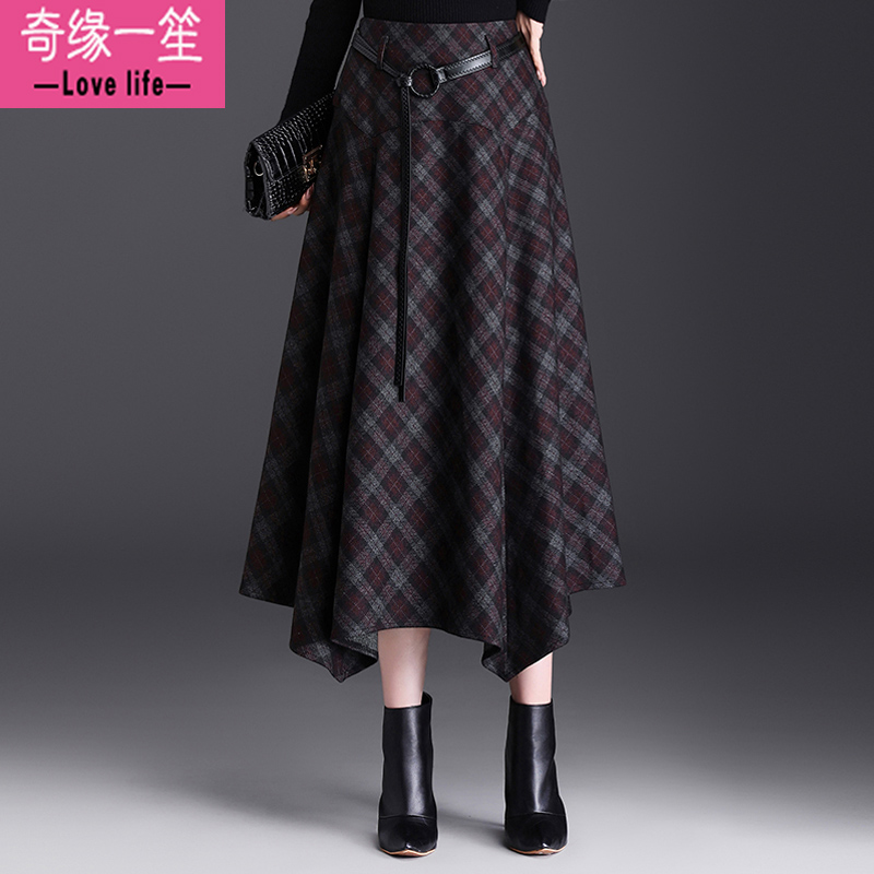 不规则格子毛呢半身裙女秋冬新款