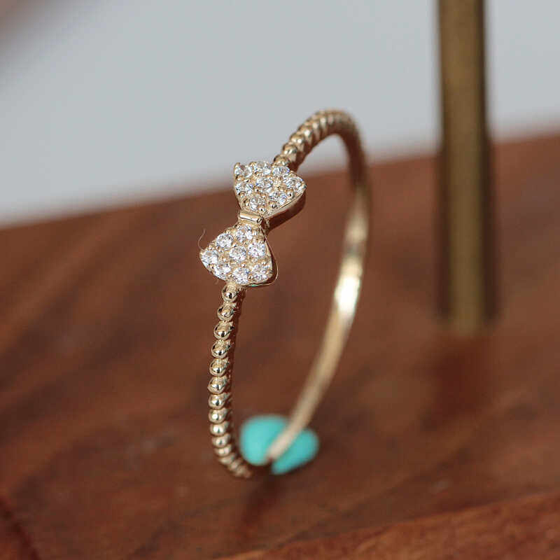 订货 韩国纯14K金豆豆戒壁满镶蝴蝶结戒指 纤细精致小花戒少女感