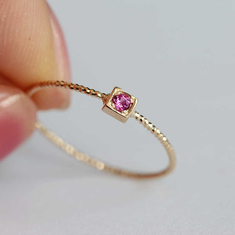 现货无折 韩国纯14K金螺旋刻面方形包镶小戒指豆豆戒壁多色细指环