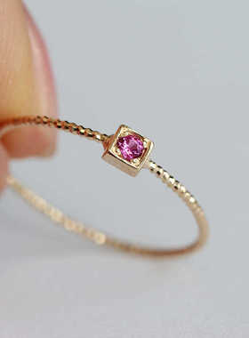 现货无折 韩国纯14K金螺旋刻面方形包镶小戒指豆豆戒壁多色细指环