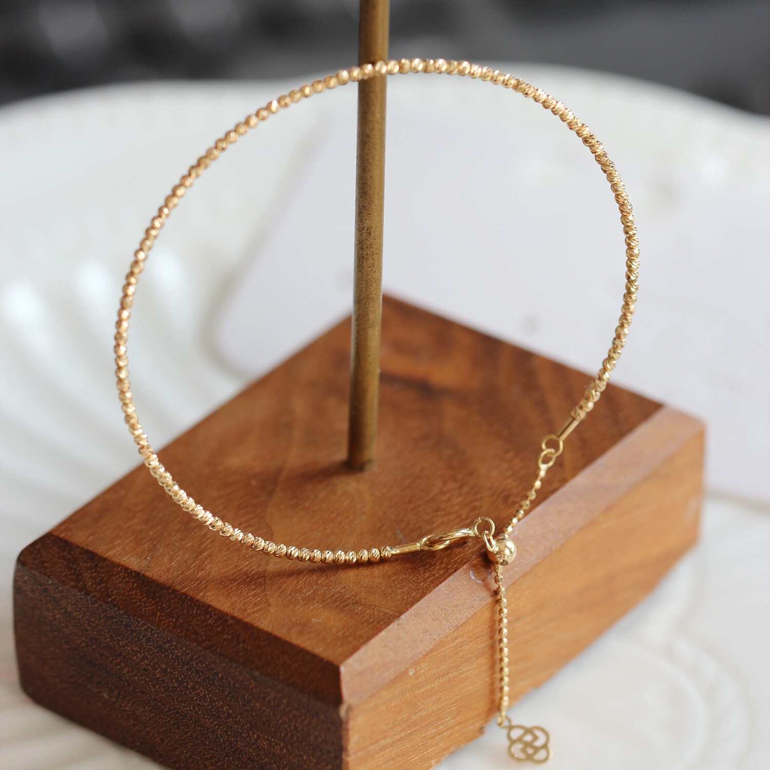 现货兔兔纯18K金爆闪车花迷你圆珠弹力手镯 抽拉调节半镯半链极细