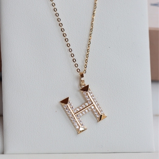 订货 兔兔韩国纯14K金字母项链女 质感满镶嵌大H吊坠 欧美风坠子