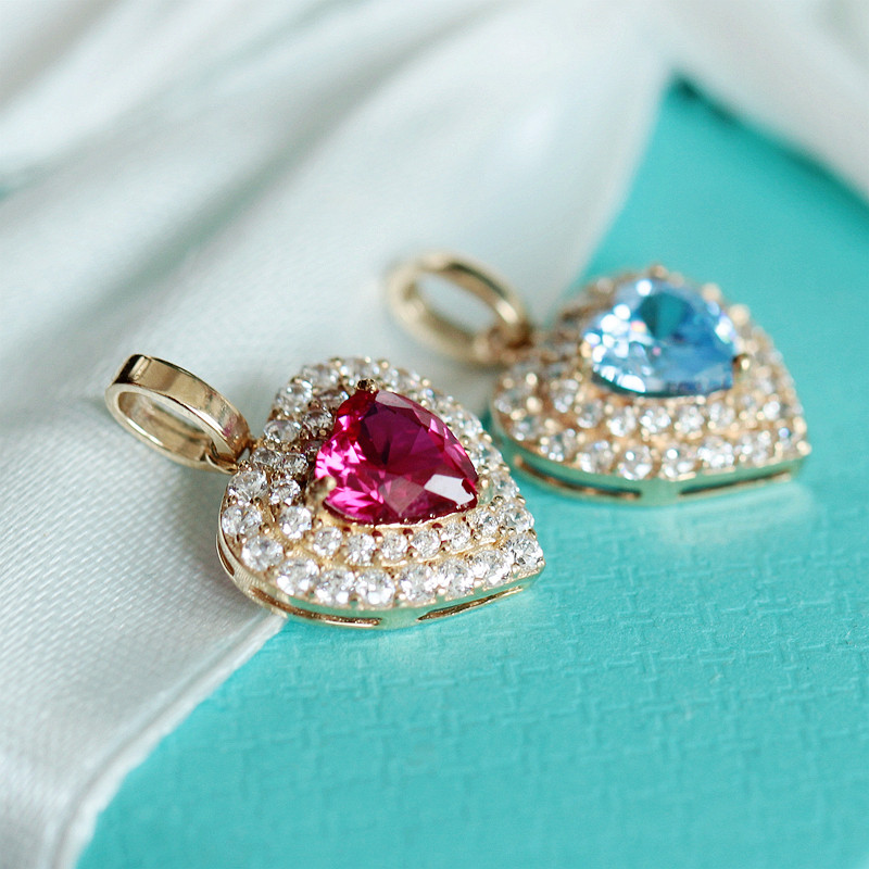 订货 韩国纯14k金满镶嵌彩石爱心吊坠 轻奢珠宝感多彩小桃心坠子活动价