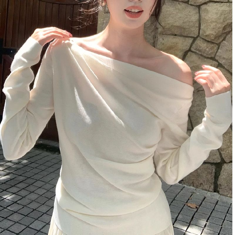 一字领针织衫女秋冬荡领显瘦复古毛针织衫