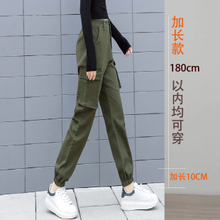 休闲裤 女加长款 街头宽松束口180cm高 裤 春秋帅气多口袋军绿色工装