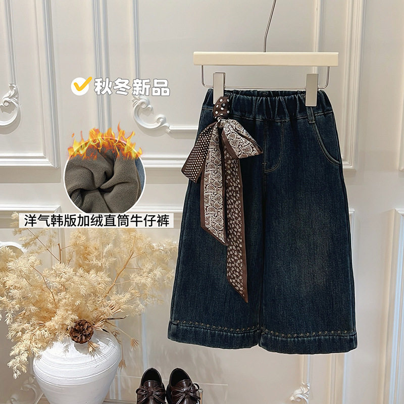 女童新款秋冬季加绒加厚牛仔裤女儿童牛仔裤
