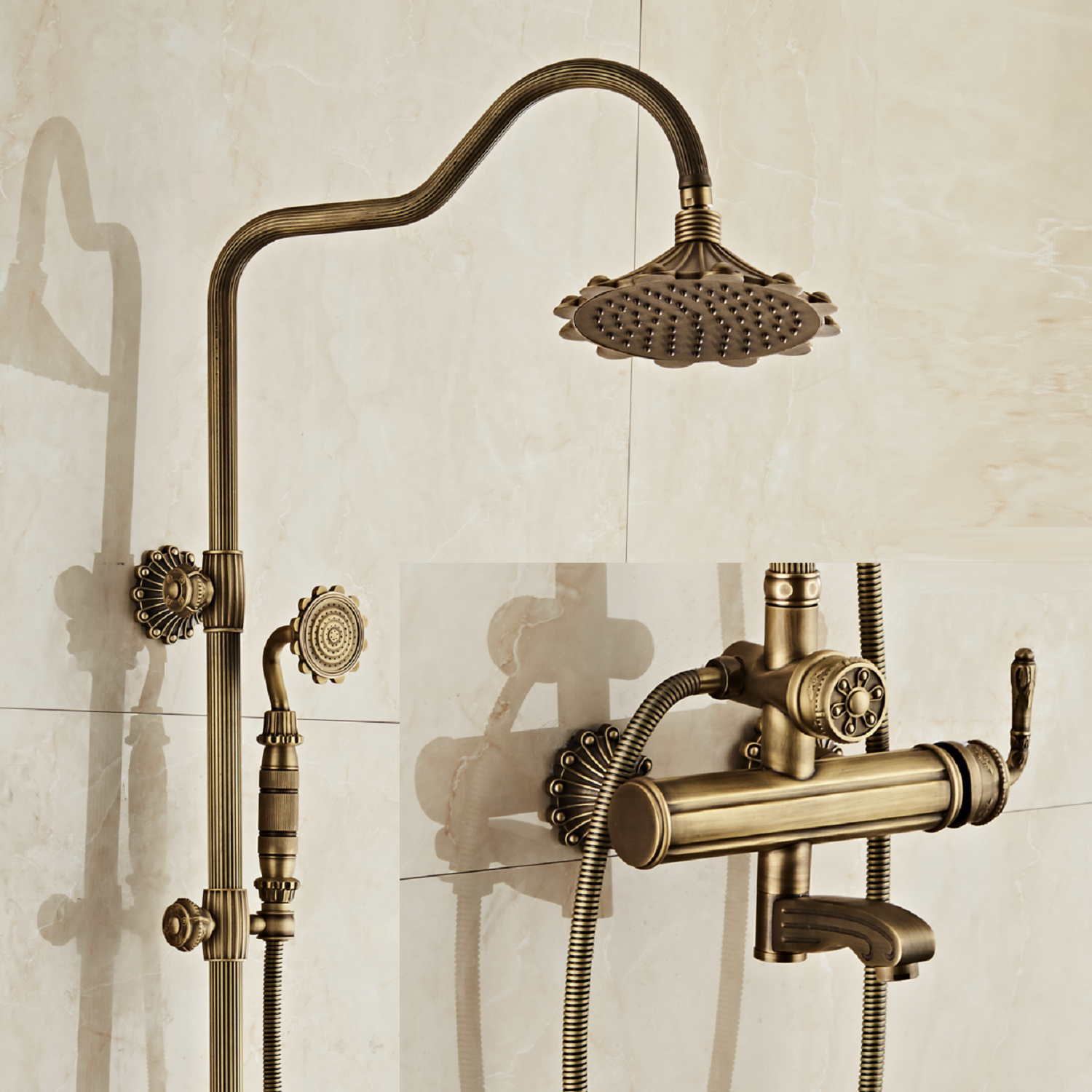 美式复古仿古淋浴龙头挂墙式单把双控混合式花洒套装全铜