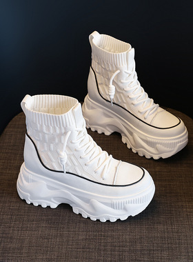 内增高弹力靴女2025秋冬新款真皮厚底松糕休闲袜子靴加绒瘦瘦短靴