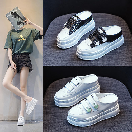 内增高9cm包头半拖鞋女2026夏季新款一脚蹬懒人厚底松糕小白凉拖