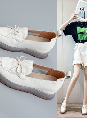 真皮内增高女鞋2026春夏新款软底牛筋底一脚蹬百搭休闲豆豆小白鞋