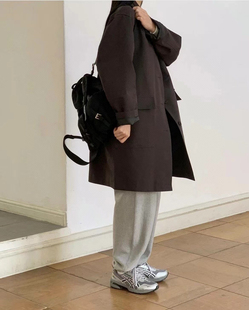 韩国东大门现货春季新款OBJECT翻领中长款风衣外套