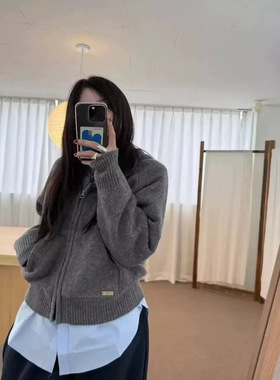 现货 韩国东大门代购tug减龄羊毛宽松拉链连帽针织衫开衫外套上衣