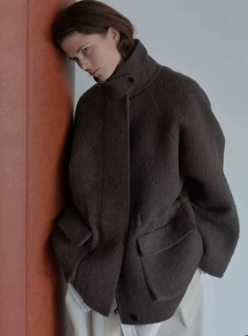 现货 韩国东大门冬季utre简约手工苏丽羊驼毛立领收腰中长款大衣