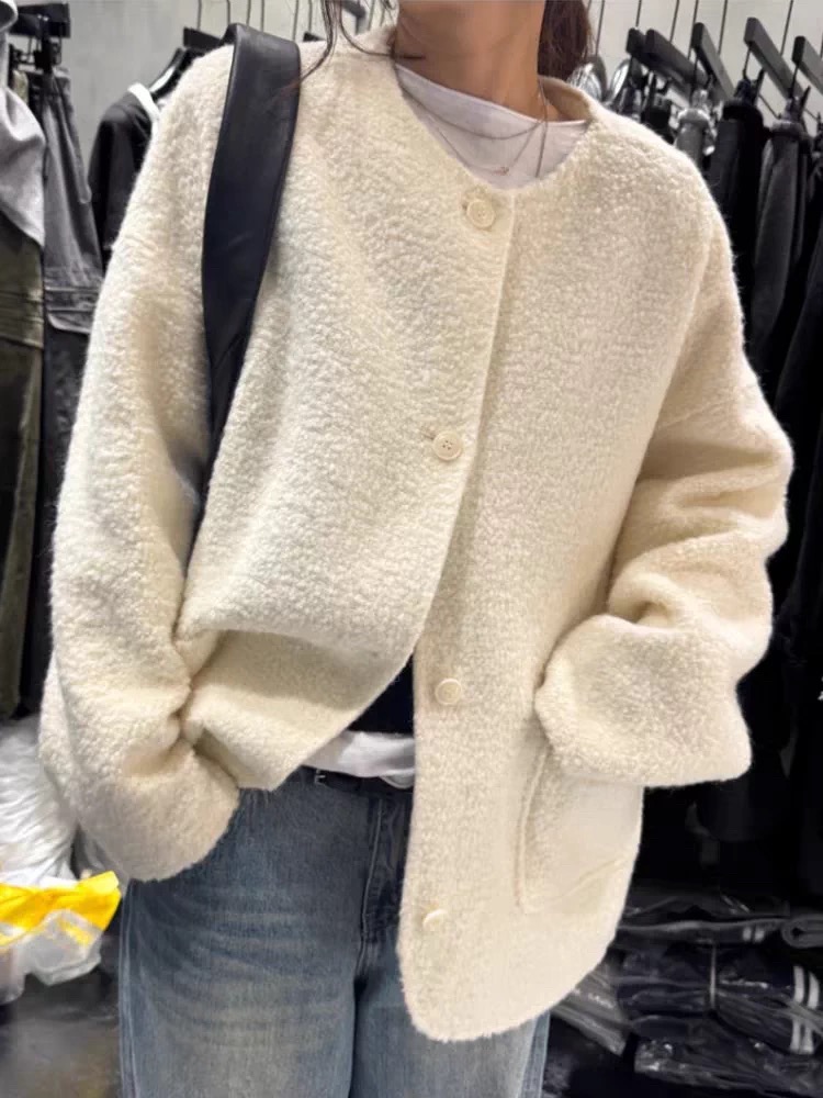 现货韩国东大门代TUG女2025秋冬简约气质短款羊驼毛大衣外套