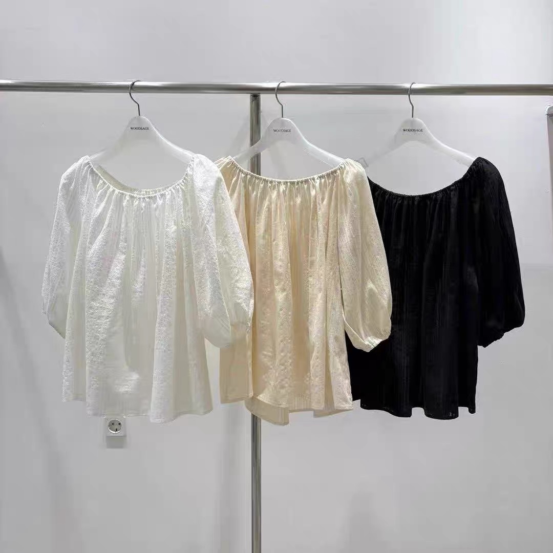 现货~韩国东大门WOOD SAGE 25春款娃娃衫一字领泡泡袖短袖衬衫
