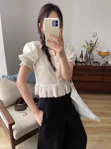 现货SILVER韩国东大门26夏季洋气花边领减龄百搭短款短袖衬衫女