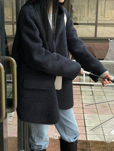 韩国东大门新款much手工双面苏丽羊绒西服领羊毛绒呢子大衣外套