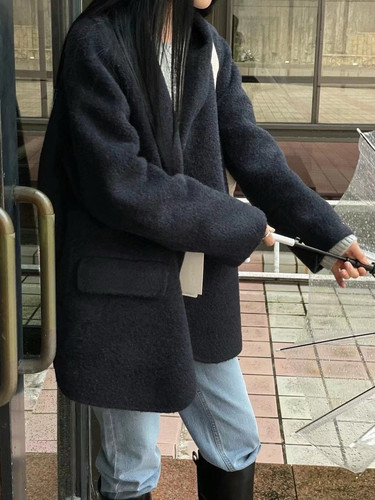 韩国东大门新款much手工双面苏丽羊绒西服领羊毛绒呢子大衣外套