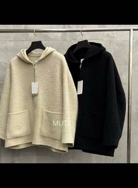 现货韩国东大门代购MUTE冬季新品连帽拉链羊毛羊驼毛大衣