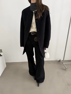 现货韩国东大门room2025秋冬简约大气宽松舒适圆领单排扣羊毛大衣