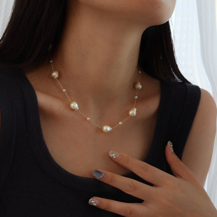 S925纯银不规则白色巴洛克满天星珍珠项链女个性潮流闪亮毛衣链潮