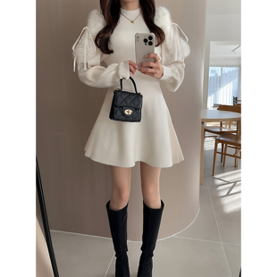 现* 花糖家 日系定制GRL甜美显瘦清楚系薄纱露肩针织连衣裙tu1477