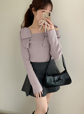 现* 花糖家 日系定制GRL蝴蝶结肩带甜美露肩清楚系针织上衣mb1546