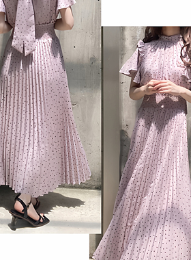 现*  花糖家 日系定制GRL甜美荷叶边波点蝴蝶结百褶连衣裙al142a