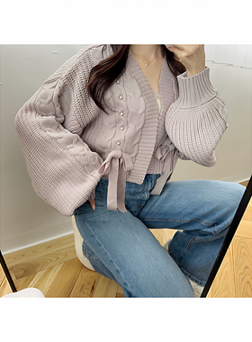 现*花糖家 日系定制GRL清楚系灯笼袖蝴蝶结系带短款针织开衫tt010