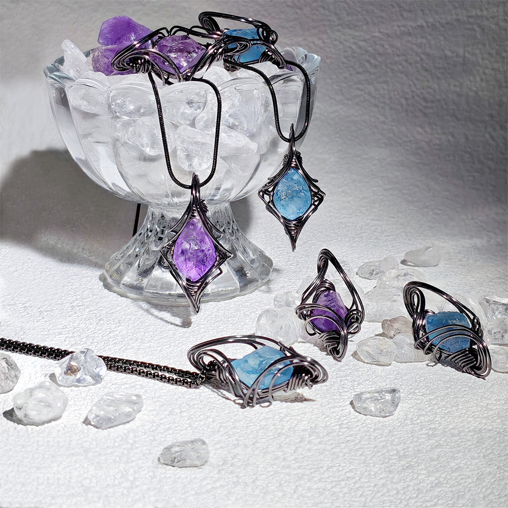 Original Natural Amethyst Rough Winding Pendant Aquamarine Necklace Niche Clavicle Chain Handmade Creative Gift