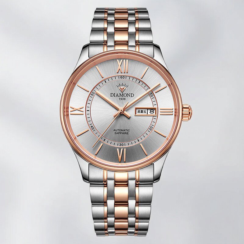上海钻石牌自动机械表男士简约商务休闲腕表日历星期玫瑰金机械表