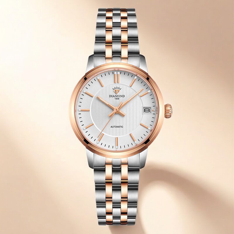 上海钻石牌手表自动机械表简约商务通勤腕表女孩手表玫瑰金机械表