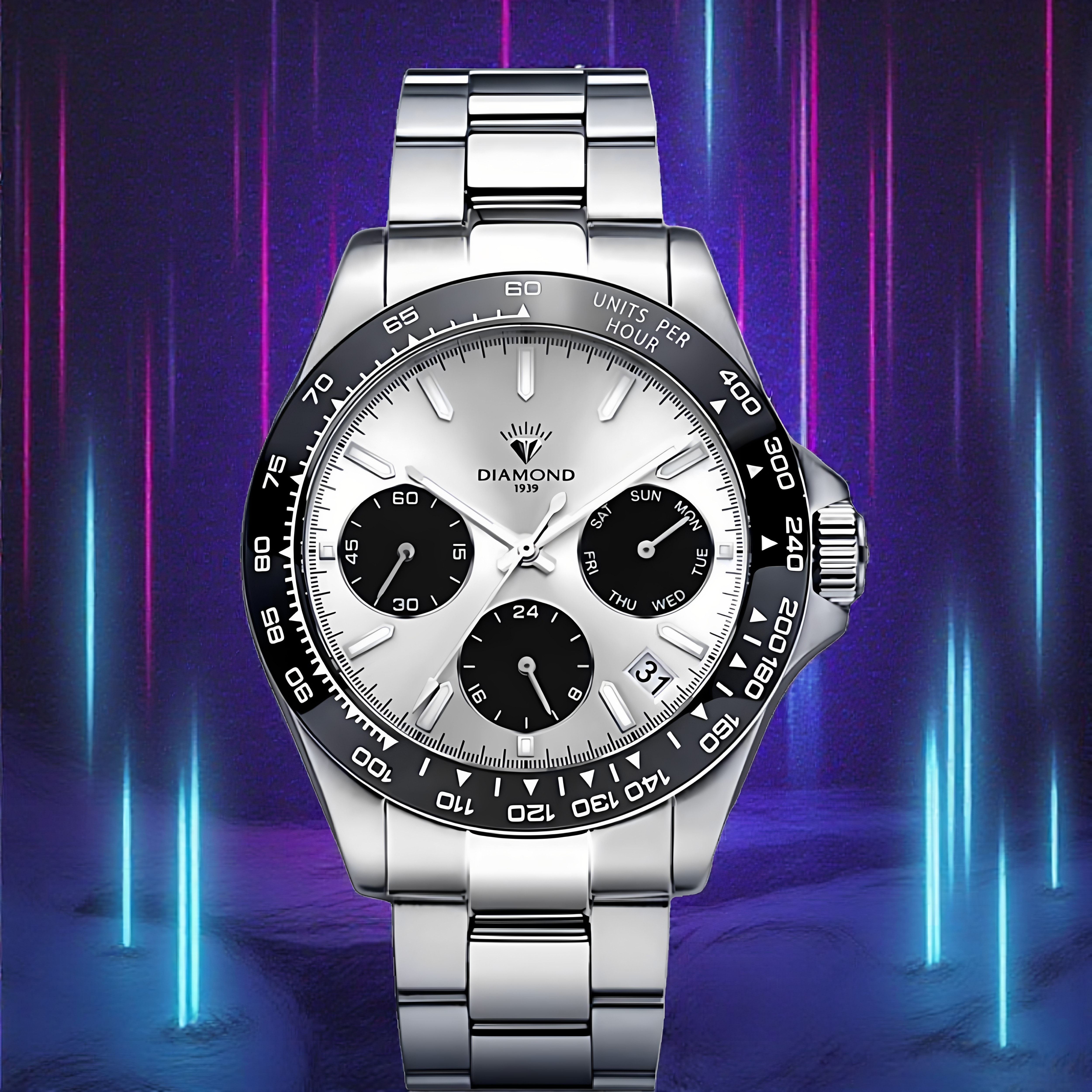 上海钻石牌手表多功能时尚熊猫盘自动机械手表男生手表钢带腕表