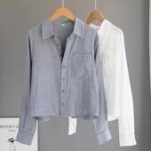 短款 女休闲文艺小个子衬衣设计感别致上衣高级感 灰色条纹纯棉衬衫