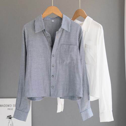 双层棉条纹衬衫女短款