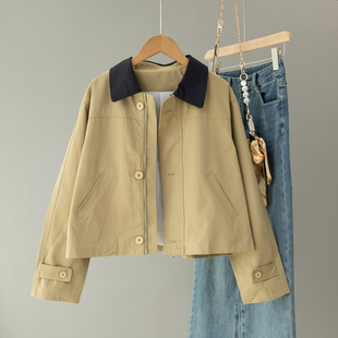 新款 小个子风衣短外套女漂亮好看休闲夹克卡其色撞色工装 上衣春季