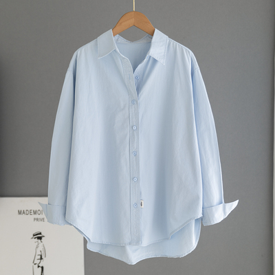 宽松休闲浅蓝色纯棉衬衫女