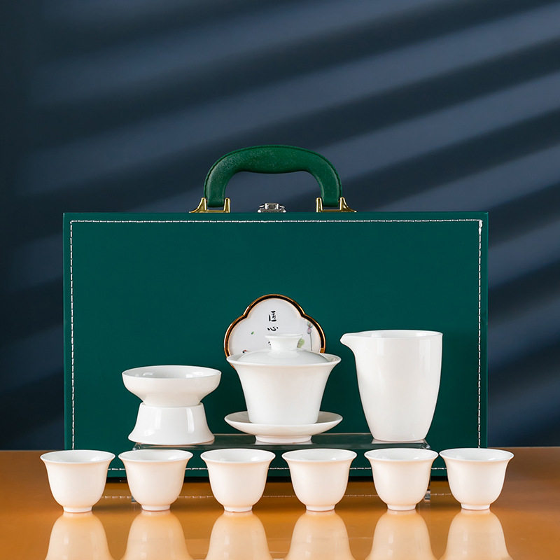 羊脂玉白瓷整套功夫茶具套装简约家用办公企业活动商务礼品礼盒装