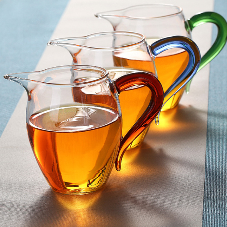 加厚耐热玻璃公道杯分茶器茶海透明玻璃带把功夫茶具配件盖碗蓝有