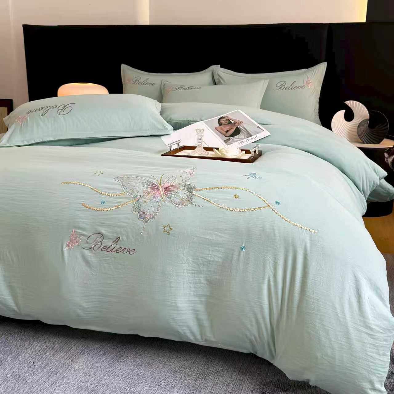 【君姐专享】轻奢小清新超柔水洗棉刺绣四件套床上用品套件蝴蝶款