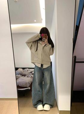 美式复古水洗弯刀新款牛仔裤春秋高腰设计韩系显瘦宽松休闲拖地裤