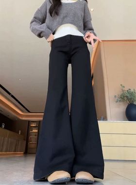 美式黑色微喇牛仔裤女春秋季新款高腰梨形马蹄显瘦不贴喇叭拖地裤