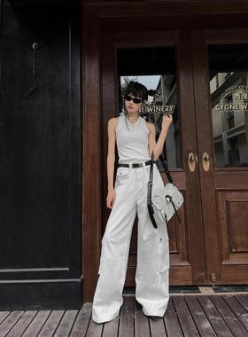 美式白色阔腿工装牛仔裤春秋口袋新款设计宽松高腰显瘦休闲拖地裤