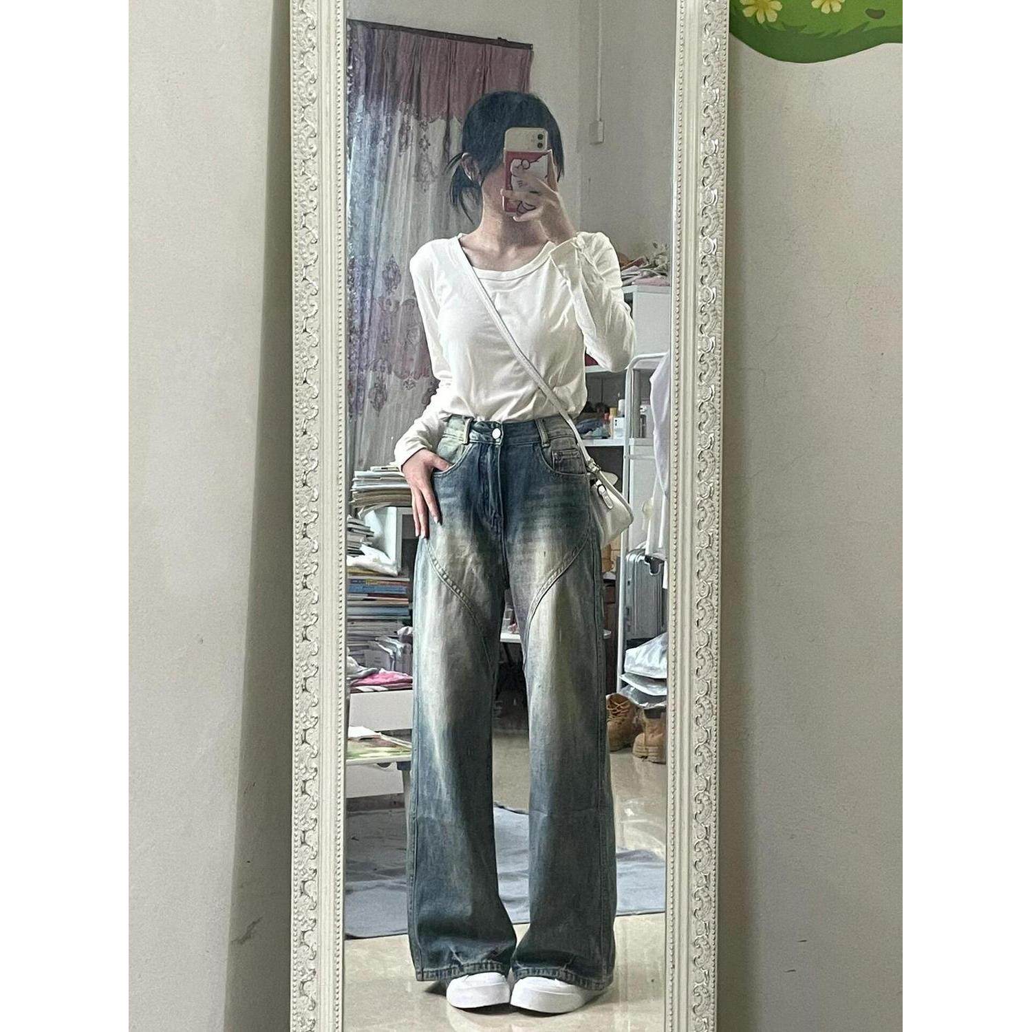 美式复古浅色微喇拼接牛仔裤春夏季新款高腰爆款宽松百搭直筒拖地