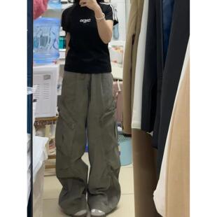 美式设计复古灰绿色工装裤褶皱口袋牛仔裤春秋季宽松新款阔腿裤子